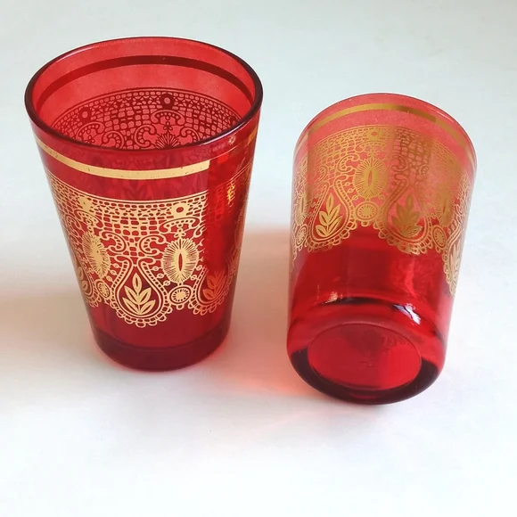 Vintage Moroccan / Turkish Tea Glasses Red & Gold Embellished Design Set of 2 - Picture 7 of 13